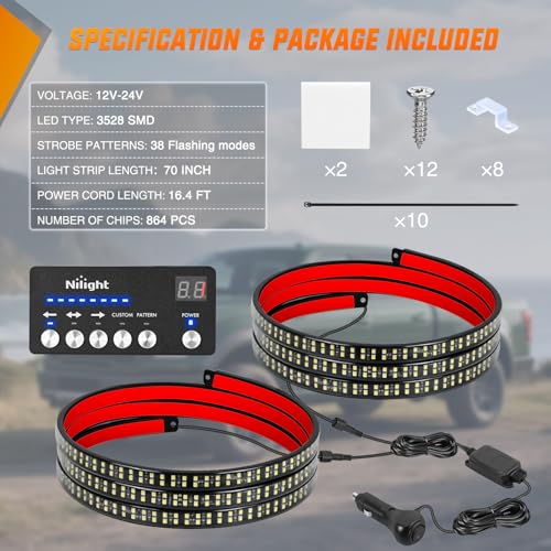 Nilight 2PCS 70 Inch Emergency Strobe Light Strip with Controller 864 LED White Running Board Lights Flexible Side Flashing Warning Caution Safety Waterproof for Truck Construction Pickup - color: White, size: Running Board Strobes w/Controller