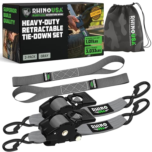 Rhino USA Retractable Ratchet Straps (2-Pack) - 2 Inch x 10 Feet (3,033lb Break Strength) - Heavy Duty Auto Self Retracting Tie Down Straps for Truck, Cargo Trailer, Motorcycle, Rad & More - Gray - color: Gray, size: 2PK