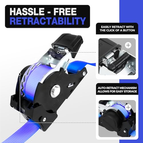 Heavy-Duty Retractable Ratchet Straps (4-Pack) – 1500 lb Break Strength Auto Self-Retracting Tie-Down Straps 1 inch x 12 Feet with Soft Loops, for Truck Motorcycle ATV Cargo Trailer - color: Blue Retractable