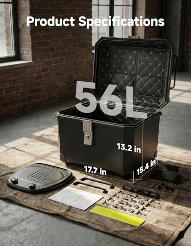 KEMIMOTO Motorcycle Top Case 56L, Motorbike Tail Box Plastic with Leather Lining, Waterproof Detachable Motorcycle Top Box with Lock & Back Cushion - size: 56L