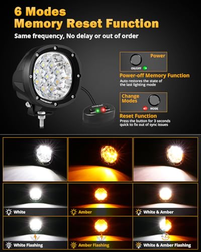 Auxbeam P4 Series Dual Color Round Strobe Light Pods 4-Inch 90W | Memory function flashing offroad lights, amber white 6-mode fog lights, automotive warning spot light bar - color: P4 Series Amber White 6 Modes Lights