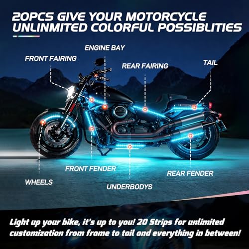 Nilight 20PCS Motorcycle RGB LED Light Kit Waterproof Multi Color Atmosphere Neon Accent Lights Lamp APP and Remote Control Underbody Strips for Harley Davidson Honda Kawasaki Yamaha Suzuki - color: 20Pcs RGB LED Strip-APP