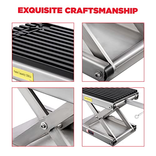CXRCY 1200 LBS Motorcycle Lift Scissor Jack Stainless Steel Finish Upgraded Dirt Bike ATV Steel Motorcycle Hoist Stand with Ratchet Wrench,Crank Handle,Thickened Rubber Pad,Wide Deck - color: 1200 LBS Stainless Steel