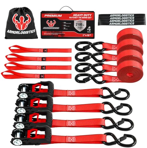Ratchet Straps (4 Pack) - 1in x 15ft Motorcycle Strap Tie Downs with 15ft Soft Loops - 2,100lb Break Strength Ratchet Tie Down Straps for Motorcycles, Truck, Cargo - Safety S Hook, Storage Bag - color: Red, size: 2100 lb