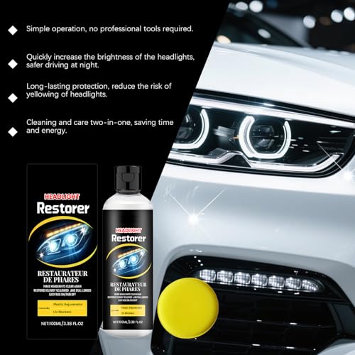 Headlight Restoration Kit - 100ml Removes Oxidation and Yellowing, Restores to Like-New, Increases Visibility and Brightness for Driving, Easy Application