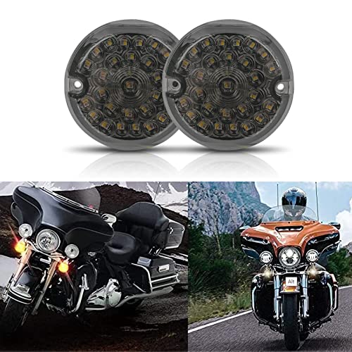 DREAMIZER 3-1/4 Inch Front LED Turn Signal Flat Lens 1157 Base Amber and White Lamp Compatible with Harley Road Glide Road King Softail Ultra Classic Ultra Limited Electra Glide (Smoke Black Lens)
