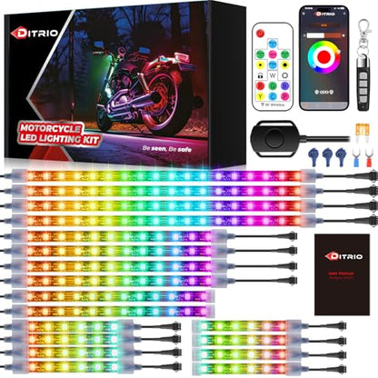 18PCS Motorcycle Led Underglow Kit with Brake Turn Signal, Motorcycle RGB Lights with DITRIO APP/RF Remote Control, Dual Zone,12V Waterproof Pixelglow Effects for Motorcycles, Golf Carts,UTVs, Boats - size: 18 PCS(New 3 Control Mode)