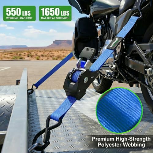 Retractable Ratchet Straps (4-Pack) - 1 Inch x 10 Feet (1,650lb Break Strength) - Heavy Duty Auto Self Retracting Tie Down Straps for Motorcycle, ATV, UTV, Truck, Cargo Trailer - Blue - color: Blue