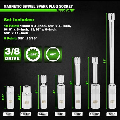 TecoTek 7 Piece 3/8-Inch Drive Magnetic Swivel Spark Plug Socket Set, Includes 9/16-Inch, 13/16-Inch, 5/8-Inch, 14mm Socket, 6-Point &12-Point, CR-V, Enhanced Magnetic Design with Thin Wall Socket