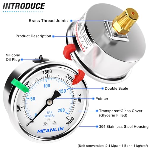 MEANLIN MEASURE 0~3000Psi Liquid Filled Pressure Gauge 1/4" NPT 2.5" FACE DIAL Stainless Steel Glycerin Filled WOG Water Oil Air Back Mount (with 2PCS Snaps) - size: 0-3000Psi