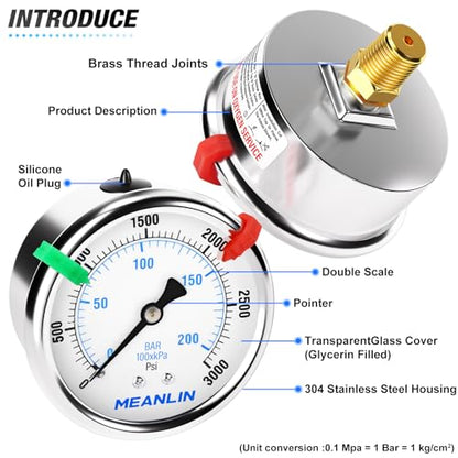 MEANLIN MEASURE 0~3000Psi Liquid Filled Pressure Gauge 1/4" NPT 2.5" FACE DIAL Stainless Steel Glycerin Filled WOG Water Oil Air Back Mount (with 2PCS Snaps) - size: 0-3000Psi