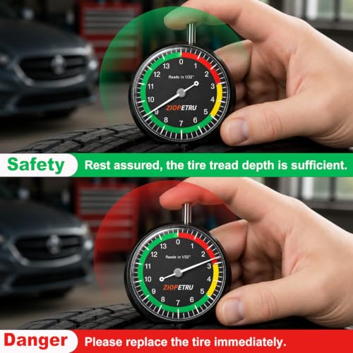 Ziopetru Tire Tread Depth Gauge，Portable Tire Measuring Tool Kit with Easy-Read Dials for Car, Truck, Motorcycle & Bus，Tire Wear Checker, Accurate 1/32" Tread Depth