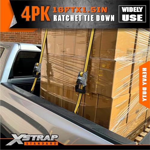 XSTRAP STANDARD 4 Pack 1.5" x 16' Ratchet Straps Double J Hook - 1,100 lb Capacity, 3,300 lb Break Strength, Heavy Duty Tie Down Straps for Truck, Motorcycle & Cargo Hauling - style: 4pk 1.5'' x 16' 3300lbs yellow