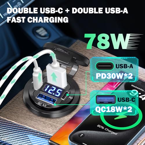 12V USB Outlet Dual QC3.0 & PD3.0 USB C Port Car Charger Socket with Voltmeter,78W Aluminum Alloy Waterproof Quick Charger for Car Boat Marine Motorcycle RV Truck ATV Golf Cart - color: pack of one