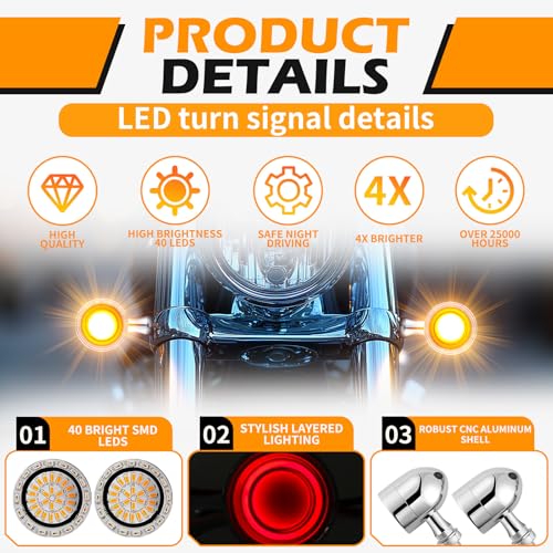 DREAMIZER Motorcycle Led Turn Signal Lights 2pcs,Bullet Blinker Motorcycle Front Rear Brake Light Universal Compatible with Harley Honda Suzuki Triumph Yamaha Bobber Cafe Racer Chopper - color: A-Rear/Chrome shell + yellow-red light
