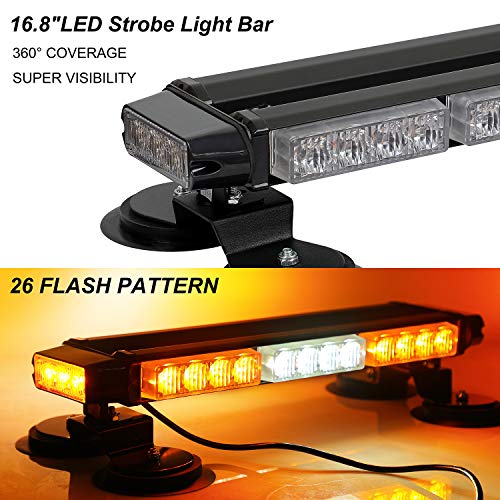 ASPL 16.8 Inch LED Strobe Flashing Light Bar, 26 Flashing Modes High Intensity Emergency Hazard Warning Beacon Lights with Magnetic Base for Car Trucks Trailer Roof Safety (Amber White Amber) - color: Amber White Amber