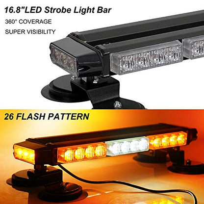 ASPL 16.8 Inch LED Strobe Flashing Light Bar, 26 Flashing Modes High Intensity Emergency Hazard Warning Beacon Lights with Magnetic Base for Car Trucks Trailer Roof Safety (Amber White Amber) - color: Amber White Amber