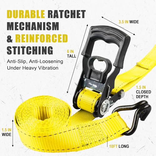 AWELCRAFT Ratchet Straps(4 Pack),3300lb Breaking Strength,1.5in×10ft Heavy Duty Tie Down Ratcheting with Padded Handles,Double J Hooks & 4 Soft Loops for Trailer,Trucks,Motorcycle(Yellow) - color: Yellow