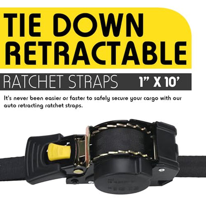Retractable Ratchet Straps | 4 Heavy Duty Ratchet Straps Self Retractable Tie Down Straps with Soft Loops & Storage Bag for Motorcycle, Truck, Trailer | 1100 Lb Break Strength 1” x 7’ - size: 4 Pack