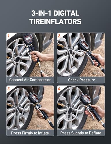 AstroAI Digital Tire Pressure Gauge, Heavy Duty Tire Inflator Gauge 250PSI Air Chuck Compressor Accessories with Stainless Braided Hose, Rotatable Dial&Quick Connect Coupler for Truck/RV/SUV