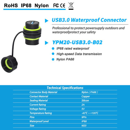 Waterproof Panel USB Connector, Waterproof IP68 USB 3.0 Panel Mount Connector, Female to Female, Bulkhead Extension Adapter, YPM20 2 PCS Pack