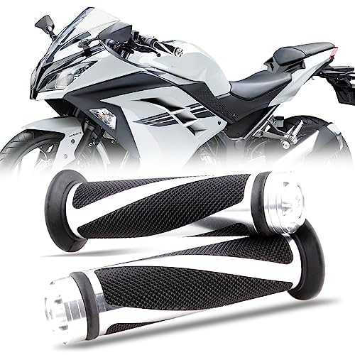 Pair of 7/8" 22mm Motorcycle CNC Aluminum Rubber Gel Hand Grips Handlebar for Sports Bike Chopper Cruiser Bike - color: Silver with Bar End
