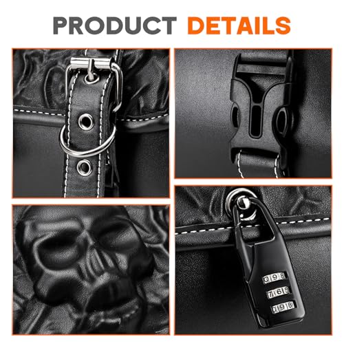 Rogierra Punk Motorcycle Front Fork Bag for Cruiser Motorcycles,Leather Motorcycle Tool bag Handlebar Bag with Reinforced Straps Waterproof bag with Lock design,14L - style: Embossed Skull Pattern With Lock Design