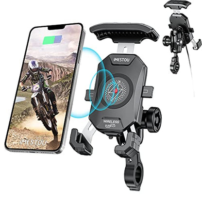 iMESTOU Anti-Theft Motorcycle Wireless Phone Mount Charger 15W & USB C 3A Handlebar 1" Ball Phone Holder Works with 12V/24V Vehicle/USB A Socket 720 Rotation Quick Charge for 4.0-7.0" Cellphones - style: Double Socket Arm-Wireless & USB C Charge