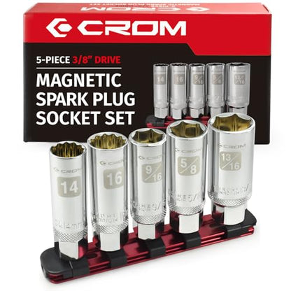 CROM Magnetic Spark Plug Socket Set - 5 Piece 3/8" Drive Spark Plug Removal Tool, Includes 14mm and 16mm Thin Wall Sockets, 9/16 inch, 5/8 inch and 13/16 inch Sockets, Aluminum Storage Rail Included - size: 5 Piece Magnetic Set