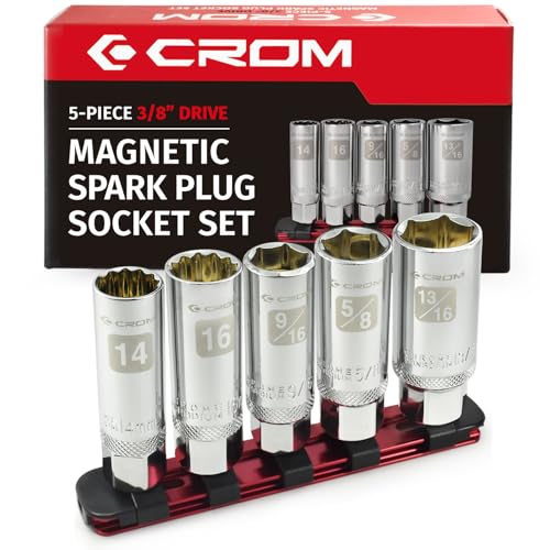 CROM Magnetic Spark Plug Socket Set - 5 Piece 3/8" Drive Spark Plug Removal Tool, Includes 14mm and 16mm Thin Wall Sockets, 9/16 inch, 5/8 inch and 13/16 inch Sockets, Aluminum Storage Rail Included - size: 5 Piece Magnetic Set