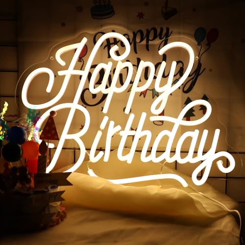 Happy Birthday Neon Sign For Backdrop Birthday Decorations LED Neon Light Signs for Birthday Led Light Up Sign Party Decor Dimmable Warm White LED for Birthday Gift 16.5"×12.4" - color: BirthFlo-warm white