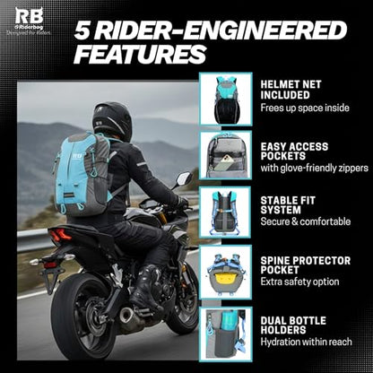 Reflective Motorcycle Backpack – Hi Viz EDC Commuter Bag for Riders, Night Travel, and Daily Use with Helmet Holder, Laptop Compartment, Ventilated Back, Urban Gear (light blue backpack) - color: Light Blue