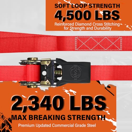 Haccoplanet Ratchet Tie Down Straps, 2340lb Break Strength, 4pc 1inch x 16FT Ratchet Strap Set with Padded Handles & Coated S Hook W/Safety Clip, Cargo Strap Tie-Down for Motorcycle, Truck (Red) - color: Red