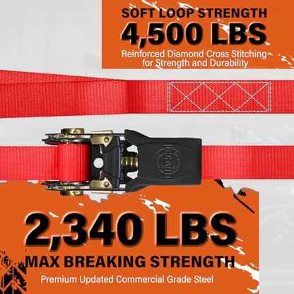 Haccoplanet Ratchet Tie Down Straps, 2340lb Break Strength, 4pc 1inch x 16FT Ratchet Strap Set with Padded Handles & Coated S Hook W/Safety Clip, Cargo Strap Tie-Down for Motorcycle, Truck (Red) - color: Red