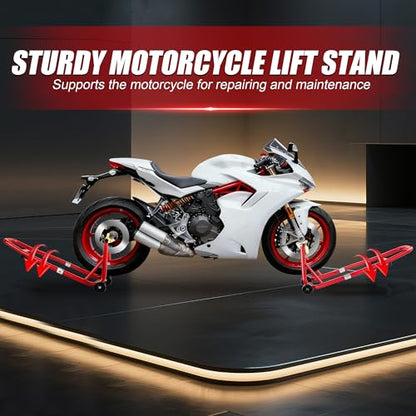 Universal Motorcycle Stand Set, 900 Lbs Capacity Front and Rear Wheel Lift Stands with U+L Adjustable Swingarm Spool Support, Heavy Duty Paddock Stands Fit for Honda, Yamaha, Kawasaki, Suzuki - color: Red