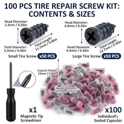 100 PCS Tire Repair Screw Kit, Self-Tapping Tire Plug Rubber Nail Set with Screwdriver, Fast Emergency Tire Repair Plugs for Car, Motorcycle, Truck, Tractor Puncture Fix (2 Sizes)