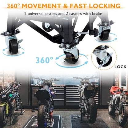 Hydraulic Motorcycle Lift Table, 350 lbs Capacity Scissor Jack Lift with Wide Deck, J-Hooks, 4 Wheels, Foot-Operated Jack Stand for ATV Dirt Bikes (Black) - color: Black