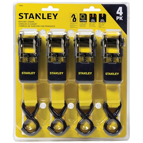 STANLEY S9500 Black/Yellow 1" x 10' Ratchet Straps - Light Cargo (300 lb Working Load / 900 lb Break Strength), 4 Pack - size: 1" x 10'