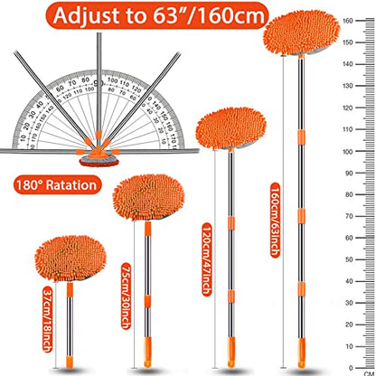 WillingHeart 63" Car Wash Mop Brush Tool Mitt with Long Handle Length More Suitable for Washing American Cars Truck, SUV, RV, Trailer, 2 in 1 Chenille Microfiber Duster Not Hurt Paint Scratch Free - color: Orange