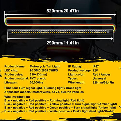 Motorcycle LED Tail Light Strips,11.8" Double color LEDs Brake Stop Tail Lihgt Turn signal Light Multifunction Waterproof Flextible LED Strips for Motorcycle ATV ect.2-Pack. (30cm-90SMD)