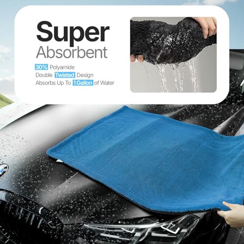Extra Large Car Drying Towel, 36 Inches, 1300gsm,Super Absorbent Polyamide, Double-Twisted Design - color: Blue and Grey