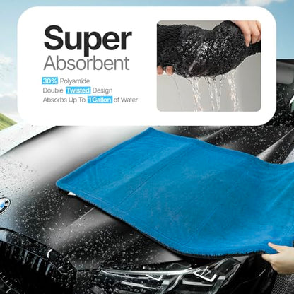 Extra Large Car Drying Towel, 36 Inches, 1300gsm,Super Absorbent Polyamide, Double-Twisted Design - color: Blue and Grey