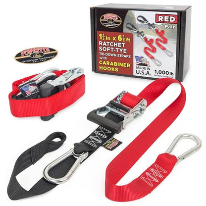 PowerTye 1.5in x 6.5ft Heavy Duty Ratchet Tie-Down Straps with Soft-Tye and Carabiner Hooks - 1,000 lb Working Load Limit / 3,000 lb Breaking Strength - Made in USA - Red/Black Pair - color: Red, size: 6.5 ft