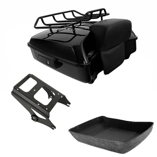 TCMT Chopped Motorcycle Trunk Box Backrest Pad Detachables Two-Up Mounting Rack Luggage Rack Fit For Harley 2009-2013 Touring Road King Road Street Electra Glide Pack - color: Set D#Black Rack, size: Chopped Trunk Style A