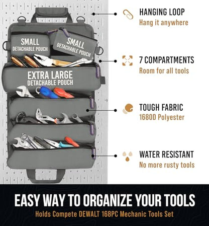 CRAFT911 Durable Tool Bag Organizers w/Detachable 6 Tool Pouches - Small | Compact & Lightweight Tool Roll Up Organizer for Electrician, Mechanic, Hobbyist - color: Gray