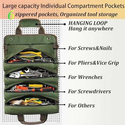 Roll Up Tool Bag, Heavy Duty Portable Soft Tool Storage with 2 Detachable Pouches,guy gifts for Him Dad Men Mechanic Welding, Green