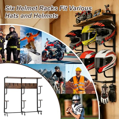 6-in-1 Motorcycle Helmet Rack with Hooks & Shelves, Helmet Wall Mounted Organizer for 6 Helmets, Gear & Accessories, Heavy-Duty Storage for Garage & Entryway - size: Large