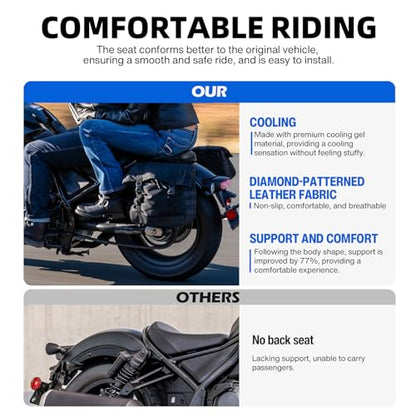 DREAMIZER Cool Gel Motorcycle Rear Passenger Seat Compatible with Honda Rebel 1100 CMX1100 CM1100 2021 2022 2023 2024 2025, Motorcycle Solo Seat Pillion Cushion Pad, Rhombic - style: Rear-Black-Rhombic