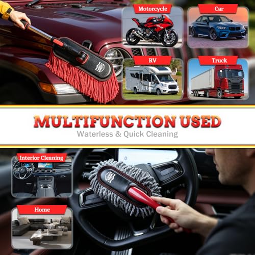 Car Duster Exterior Scratch Free & Interior Detailing Brush Set, Waxed Cotton Waterless Dust Remover, 360° Swivel Telescoping Handle, Multi-Purpose Cleaning Tool for Cars, RVs & Home - color: Light red