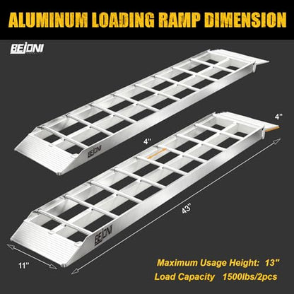 BEJONI 43'' Aluminum Loading Ramp, 1500 Lbs Capacity Loading Ramps for Riding Mower, Portable Anti-Slip Shed Ramps for Lawn Mower, Dirt Bike, ATV, Motorcycle, Trailer, Lightweight, 2PCS - size: 43'' L - 1500lbs Load Capacity